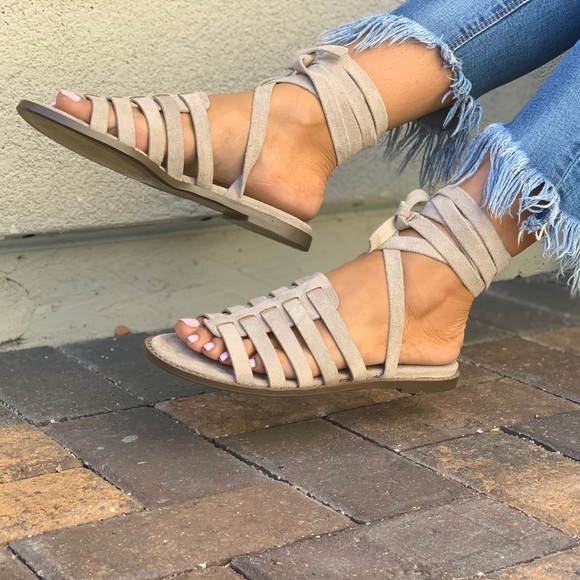 Taupe Ankle Wrap Gladiator Style Woven Sandals - Picture 4 of 7